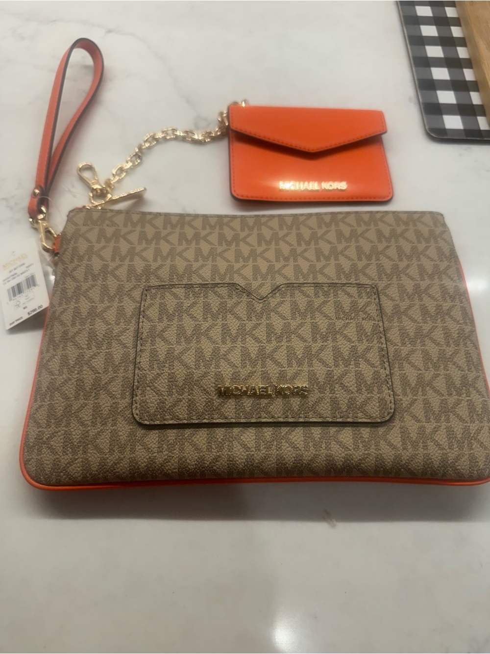 Michael Kors Beige MK Signature Wristlet Clutch with Orange Trim